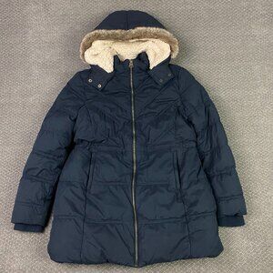 Fat Face Navy Puffer Jacket with Faux Fur Hood
